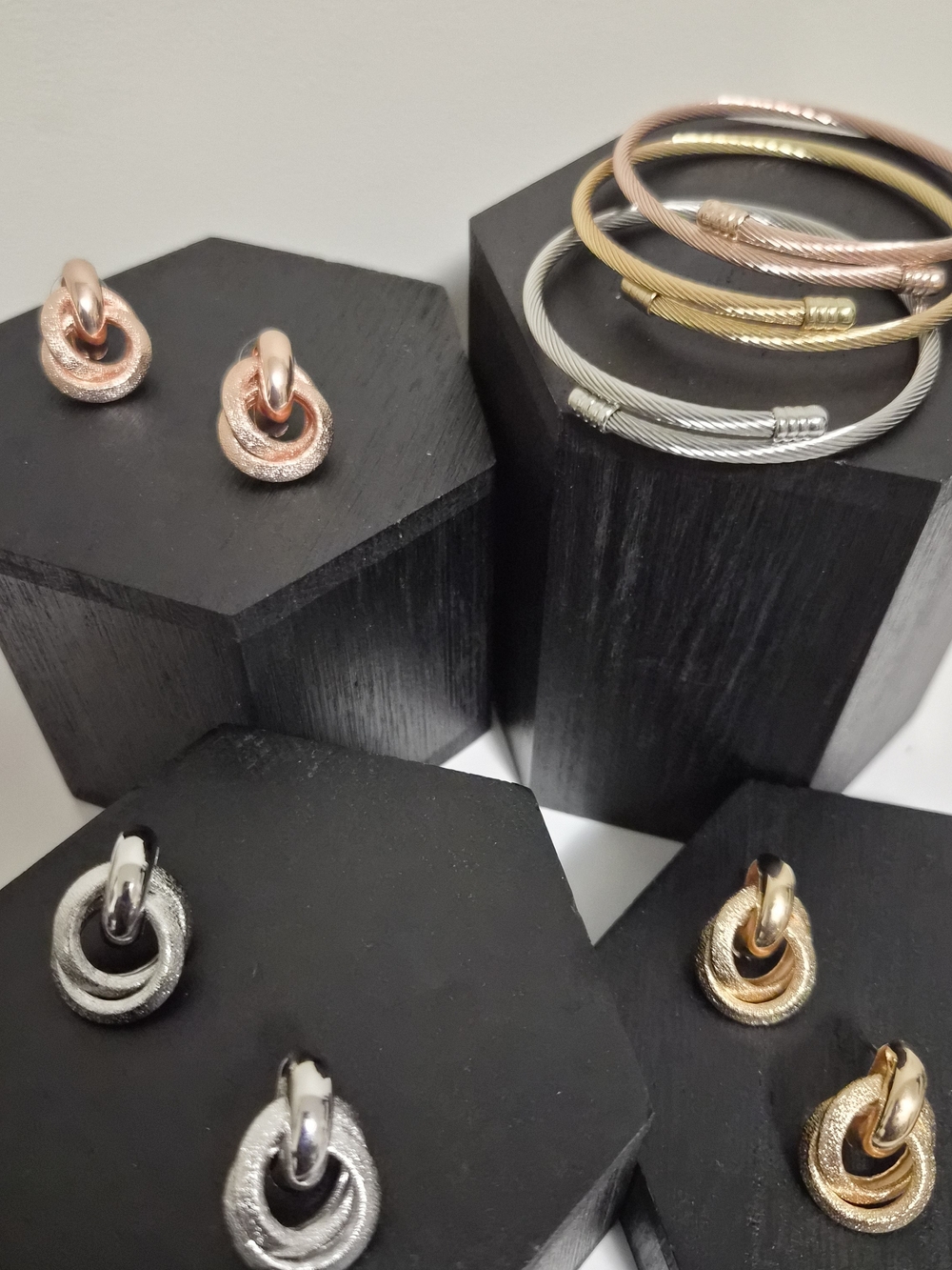 Mixed Metal Hoop Link Earrings and Bangle Set - Rose Gold, Gold, Silver
